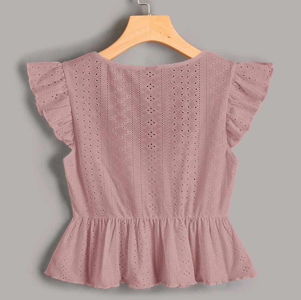 Women Butterfly Sleeve Lettuce Trim Peplum Dusty Pink Boho Crop Top Size Small - Picture 2 of 11